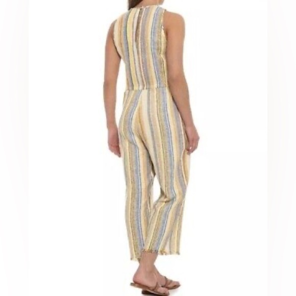 DREW lemon cole linen yellow striped jumpsuit raw hem size M - Picture 2 of 9